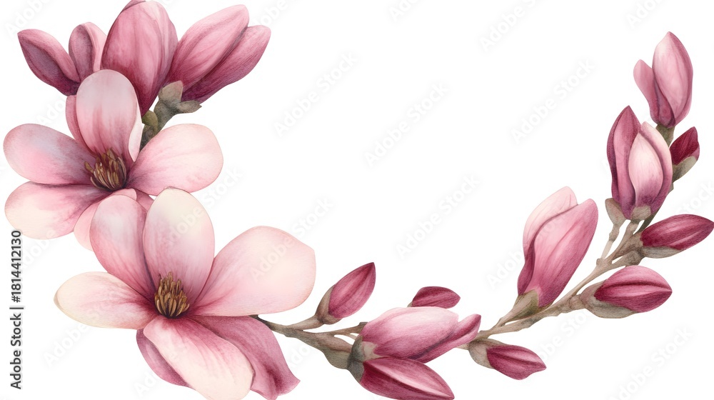 Naklejka premium Watercolor illustration depicts a curving branch adorned with pink magnolia blossoms and buds on a white background