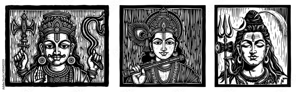 Fototapeta premium Hindu gods hanuman krishna and shiva vintage woodcut portraits vector illustration