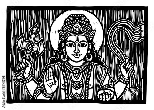 hindu deity with halo giving blessing woodcut engraving style vector