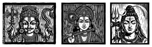 Hindu gods hanuman krishna and shiva vintage woodcut portraits vector illustration