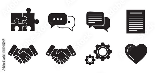 Minimalist vector icon set with black silhouettes for business and relationship themes, including a handshake, puzzle, chat bubbles, gears, and a heart symbol