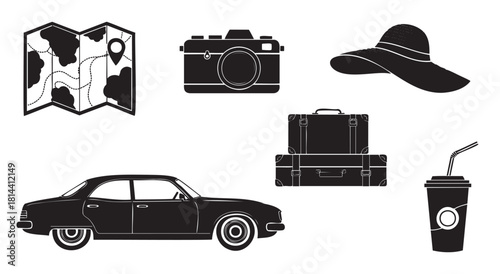 Set of black silhouette travel icons for a road trip or vacation, featuring a retro car, camera, map, suitcases, sun hat, and a beverage cup