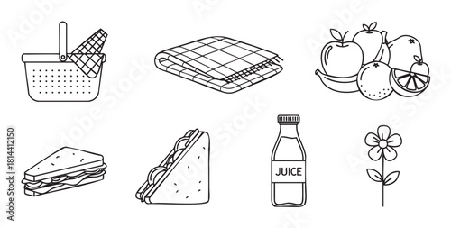 Set of black and white line art icons for a summer picnic, including a basket, checkered blanket, fresh fruit, sandwiches, juice, and a flower