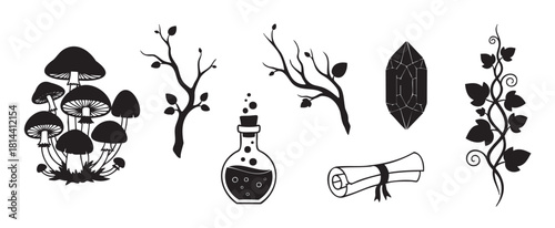 Collection of black silhouette icons for magic and witchcraft themes, featuring mushrooms, a potion bottle, a crystal, a scroll, bare branches, and a vine