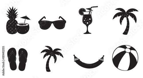 Collection of black silhouette icons representing a tropical summer vacation, including a palm tree, cocktail, sunglasses, and beach ball