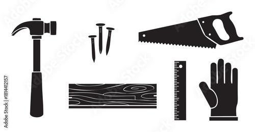 Collection of black silhouette icons representing carpentry and woodworking tools like a hammer, saw, nails, and glove