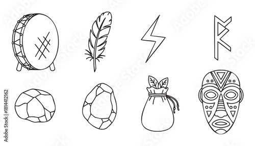 Collection of mystical and shamanic symbols drawn in a clean black and white line art style, including a ritual drum, feather, rune, tribal mask, crystals, and a medicine pouch