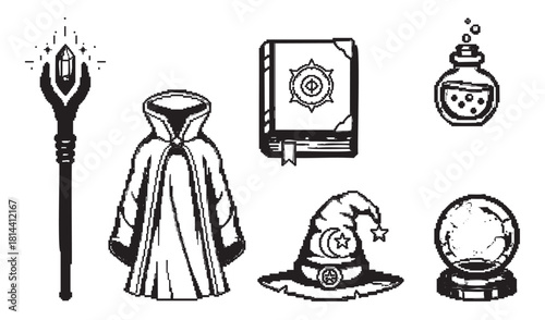 Pixelated icon set of magical wizard equipment in a retro video game style, showing a staff, cloak, spell book, potion, hat, and crystal ball in black and white