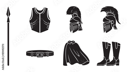 Collection of ancient warrior equipment icons, including a helmet, spear, armor, and cloak, presented as black silhouettes in a minimalist graphic style