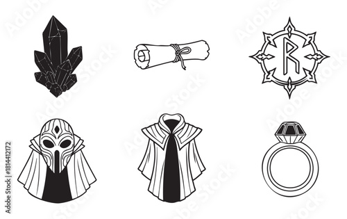 Set of black and white fantasy icons featuring a magic crystal, scroll, runic symbol, warrior helmet, mage robe, and gemstone ring for role-playing game assets