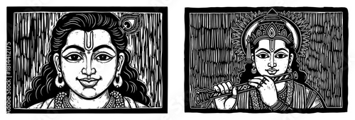 Lord krishna face and playing flute vintage woodcut vector illustration