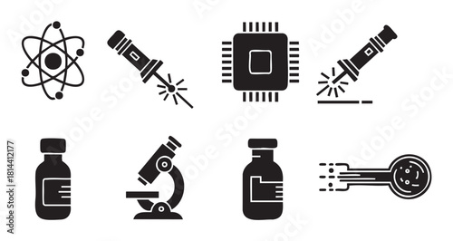 Set of black glyph icons representing science, technology, and research, featuring symbols for physics, medicine, and electronics like an atom, microscope, and microchip