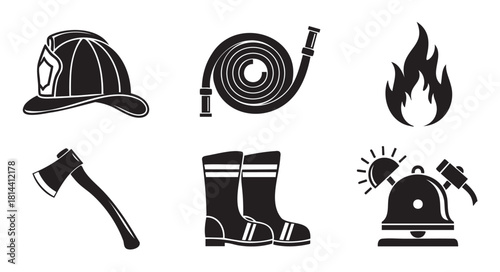 Collection of black and white firefighter icons, including a helmet, hose, flame, axe, boots, and alarm bell