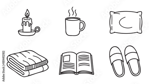 Collection of simple black line art icons representing comfort and relaxation, featuring a candle, steaming mug, pillow, folded blanket, open book, and slippers