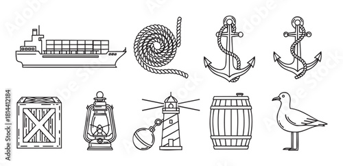 Collection of nautical and shipping line art icons, including a cargo ship, anchor, lighthouse, and seagull, presented in a clean, minimalist vector style