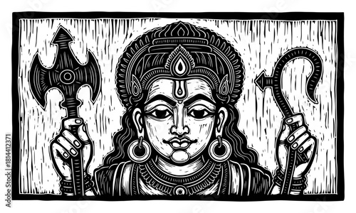 Vintage linocut portrait of Hindu deity holding axe and goad weapon vector illustration