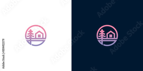Charming Cottage and Evergreen Tree Outline Logo Design with Delicate Gradient