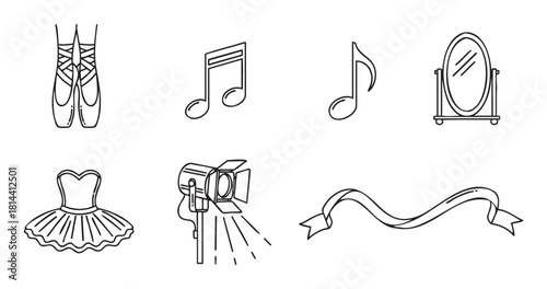 Collection of black and white line art icons representing ballet and theater, including pointe shoes, a tutu, musical notes, a spotlight, a mirror, and a ribbon banner