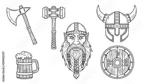 Hand-drawn set of fantasy dwarf warrior icons in a black outline style, featuring a bearded character, battle axe, war hammer, horned helmet, runic shield, and a wooden mug of beer