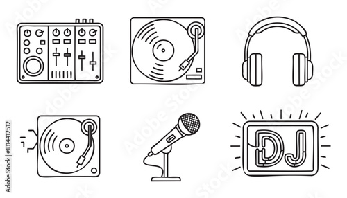 Collection of black and white doodle icons for a disc jockey, featuring a mixer, turntables, headphones, microphone, and a neon sign, all in a simple line art vector style