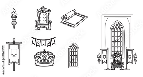 Set of fantasy kingdom elements featuring a majestic throne, royal crown, gothic window, and flaming torch, illustrated as simple black outline icons