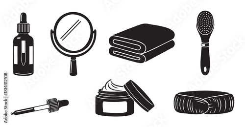 Set of black vector icons representing beauty, skincare, and personal hygiene products like serum, cream, a mirror, towel, brush, and soap