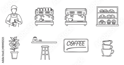 Collection of coffee shop themed line art icons, including a barista, espresso machine, pastries, and cafe furniture
