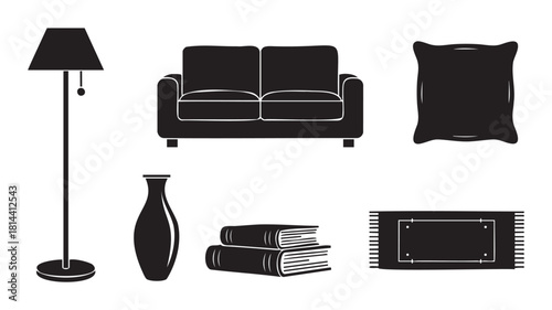 Collection of black silhouette icons representing living room furniture and home decor items like a sofa, lamp, pillow, and rug