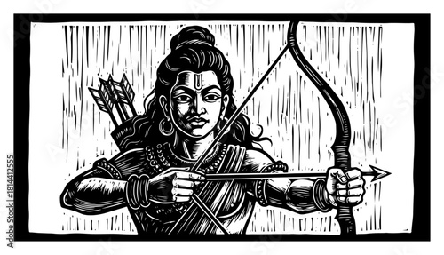 Hand drawn Lord Rama vector illustration holding bow and arrow weapon depicting Ramayana hero in traditional black and white linocut style