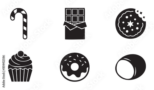Set of six black silhouette icons depicting sweet food and confectionery such as a candy cane, chocolate, cookie, cupcake, and donut, presented in a clean, minimalist graphic style
