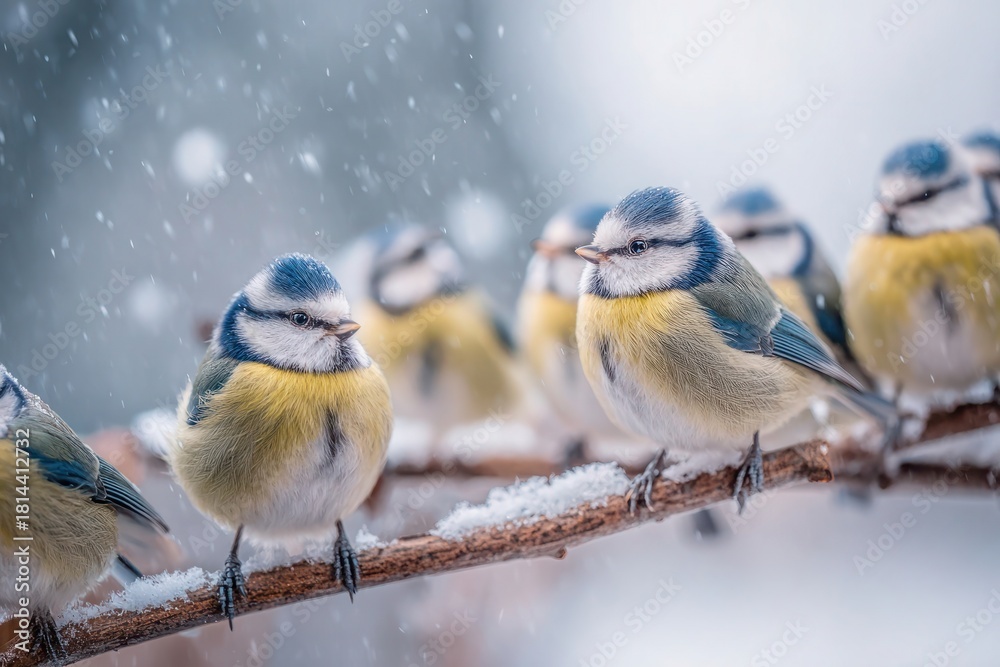 Obraz premium Snowy Garden Birds on Branches