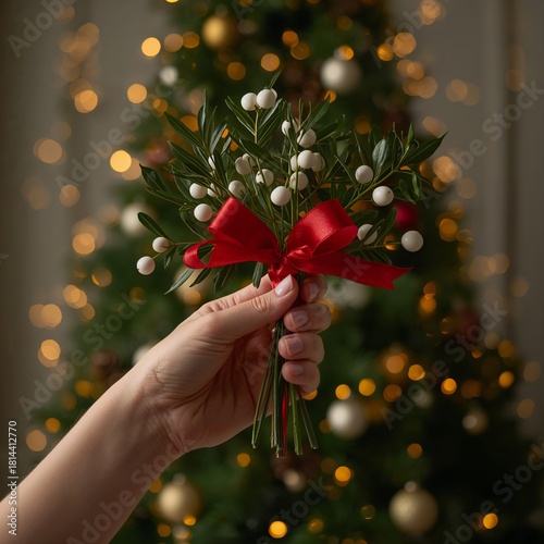 Holding Mistletoe With a Red Ribbon Near a Decorated Christmas Tree in Soft L...