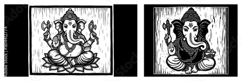 Lord Ganesha sitting on lotus Vector black and white woodcut illustration of Hindu elephant headed god