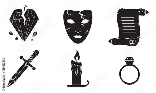 Collection of black silhouette icons for fantasy and drama, featuring a broken diamond, cracked mask, scroll, dagger, candle, and ring
