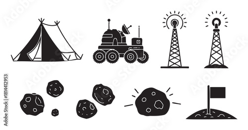 Set of hand-drawn silhouette illustrations for a space or planetary colonization theme, including a rover, tent, asteroids, beacon, and flag