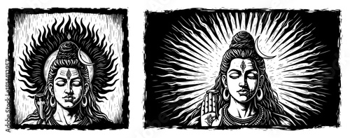 Lord Shiva Portrait With Radiant Aura Vintage Woodcut Illustration Set