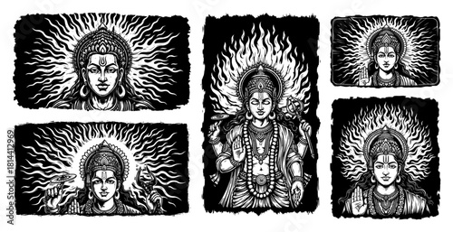 Hindu Sun God Surya Radiant Halo Vintage Woodcut Illustration Set