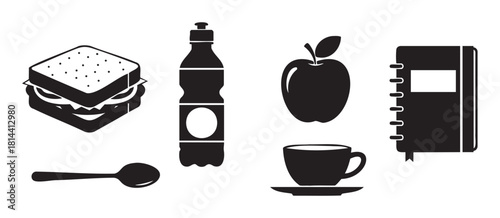 Minimalist black icon set representing a daily lunch break, featuring a sandwich, beverage, apple, coffee, and a notebook, presented as a flat graphic illustration