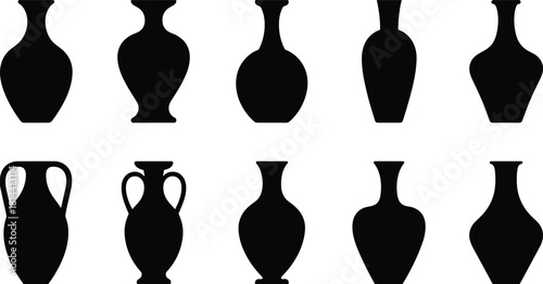 PrintAncient Greek Pottery Silhouettes Vector, Amphora, Urn, and Decorative Clay Vessel Shapes, Historical and Classical Art Graphics