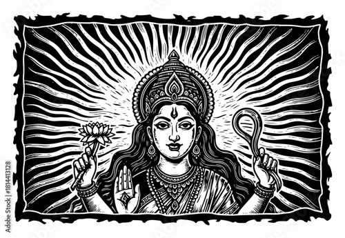 hindu goddess with lotus and noose radiant aura woodcut engraving vector