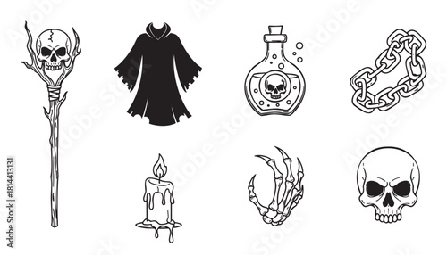 Set of black and white line art icons for Halloween, including a skull staff, magic potion, dark cloak, skeleton hand, chain, and candle