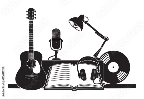 Monochromatic graphic composition featuring a guitar, microphone, headphones, and vinyl record on a desk, symbolizing music creation, podcasting, or learning