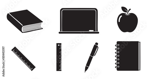 Minimalist black silhouette icons representing school and education, featuring a book, blackboard, apple, ruler, pen, and notebook