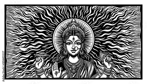 Hindu sun goddess with radiant rays vintage woodcut vector illustration
