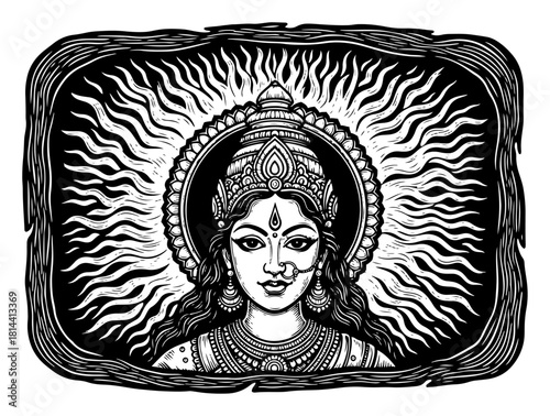 Sun goddess portrait with radiant halo vintage woodcut vector illustration