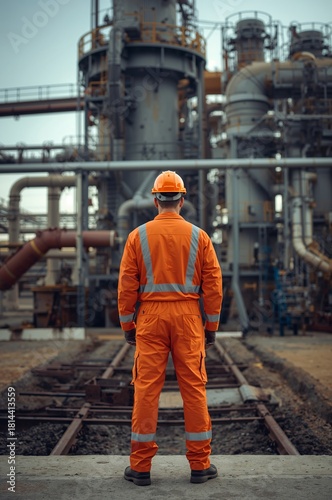 Worker Inspects Industrial Facility During Daylight Hours in Orange Safety Gear