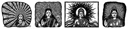 Collection of woodcut style illustrations featuring portraits of Hindu Goddess Devi with sun rays halo background