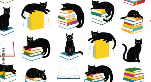 Collection of mischievous black cat characters sitting and sleeping on colorful stacks of books, representing reading, education, libraries, literature, and magic or occult themes in modern flat desig