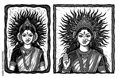 Hand drawn Indian goddess face vector illustration set featuring divine feminine portraits with sun rays and traditional jewelry in antique engraving and linocut style
