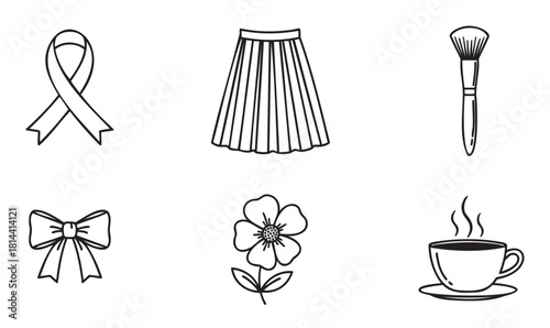 Minimalist collection of black outline icons representing feminine lifestyle, fashion, and beauty, with a ribbon, skirt, brush, bow, flower, and coffee cup